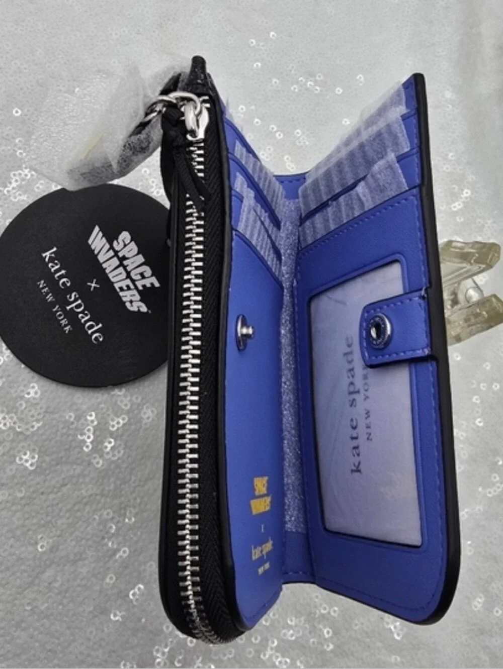 Space Invaders Kate Spade New York Glitter Black Patent Leather Sm Bifold Wallet